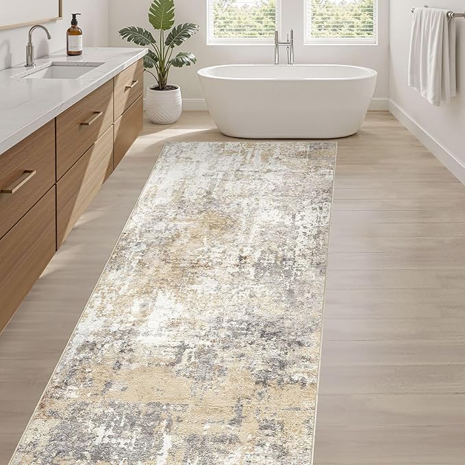 Runner Rug Kitchen Washable Rugs: 3x10 Non-Slip Abstract Soft Modern Stain Resistant Indoor Floor Neutral Accent Throw Carpet for Hallway Bathroom Laundry Room Entryway Bedroom- Gray Gold