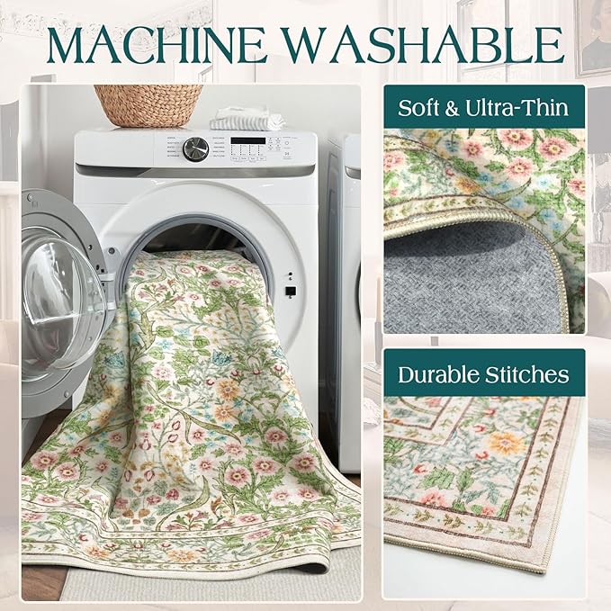 Light Green Round Rugs 6ft - Soft Washable Boho Floral Bedroom Circle Rug Stain Resistant Dining Room Rugs for Under Round Table Beige Vintage Area Rug for Living Room Office Home Decor