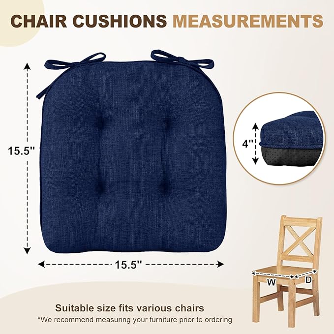downluxe Indoor Chair Cushions for Dining Chairs, Tufted Overstuffed Textured Foam Kitchen Chair Pads with Ties and Non-Slip Backing, 15.5" x 15.5" x 4", Royal Blue, 4 Pack
