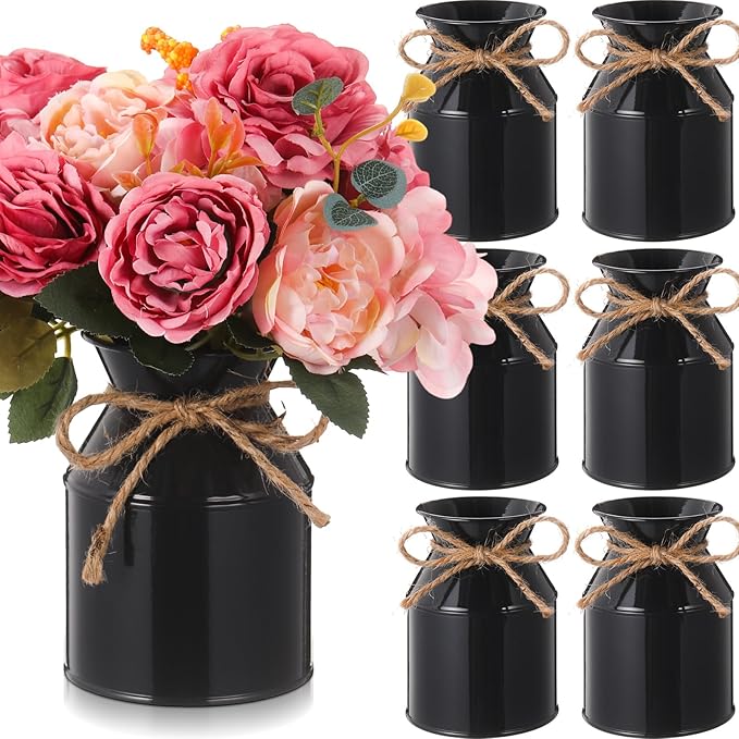 Domensi 5.12 Inch Farmhouse Metal Flower Vase Decor Rustic Galvanized Milk Can Jug Vase with Bow Flower Buckets for Table Centerpiece Fall Halloween Wedding Home Dinging Room Decor(Black,6 Pcs)