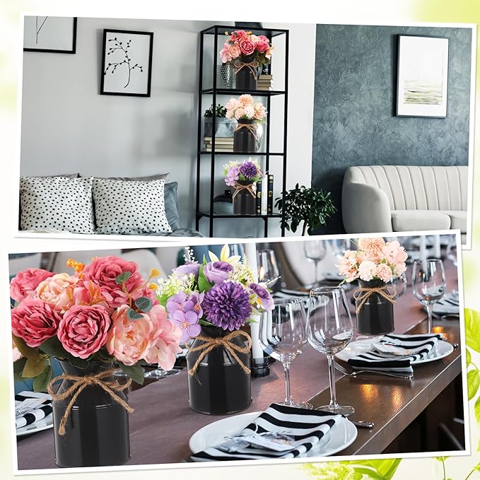 Domensi 5.12 Inch Farmhouse Metal Flower Vase Decor Rustic Galvanized Milk Can Jug Vase with Bow Flower Buckets for Table Centerpiece Fall Halloween Wedding Home Dinging Room Decor(Black,6 Pcs)