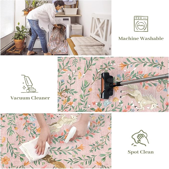 STARUIA 8x10 Area Rugs for Living Room, Unicorn Floral Non-Slip Washable Rugs, Farmhouse Moroccan Vintage Animal Pattern Large Girls Area Rug for Bedroom, Carpet for Dining Room Nurseries(Pink,8'x10')