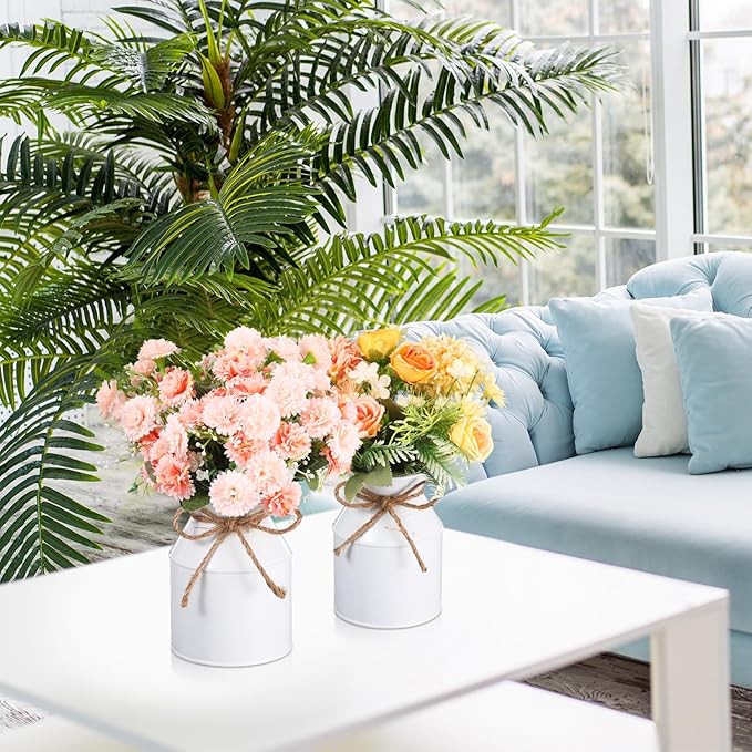 Domensi 5.12 Inch Farmhouse Metal Flower Vase Decor Rustic Galvanized Milk Can Jug Vase with Bow Flower Buckets for Table Centerpiece Fall Halloween Wedding Home Dinging Room Decor(White,12 Pcs)