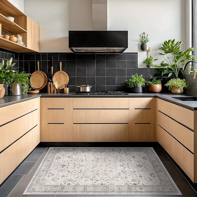 Light Gray Washable Rugs for Living Room - 4x8 Vintage Boho Eclectic Pastel, Washable Low Pile Non Slip Area Rug for Bedroom Beside Bed, Door Mat Indoor Entrance, Kitchen, Home Floor Decor