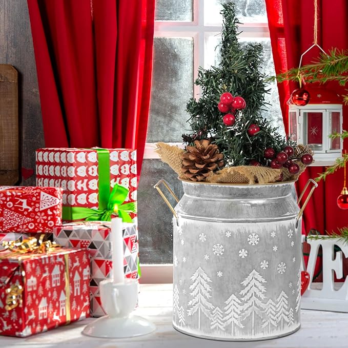 Putuo Decor Large Metal Milk Can with White Winter Forest Snowflake Design Rustic Farmhouse Holiday Vase with Gold Handles Vintage Christmas Décor for Festive Centerpieces Home Accents (Silver Grey)