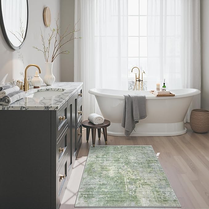 2x3 Abstract Washable Rugs for Kitchen, Floor, Entryway, Powder Room Small Area Rug Non-Slip Vintage Low Pile Throw Door Mat Green Ivory