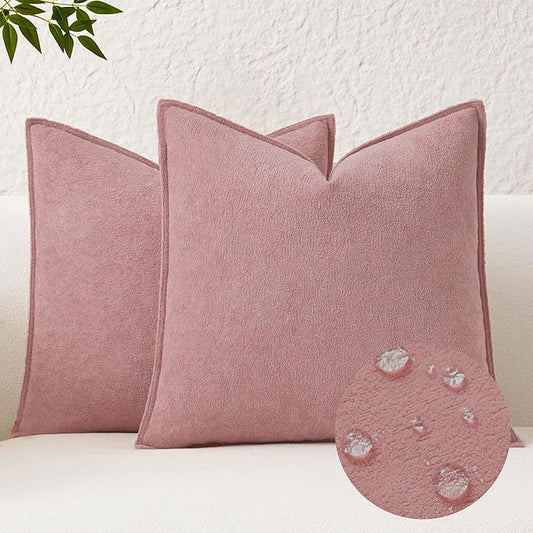 Kevin Textile Waterproof Decorative Pillow Covers Plush Pink 16x16 Inch Pack of 2 Soft Boucle Textured Throw Pillowcases Elegant Accent Pillows for Couch Sofa Chair Bed Home Decor Indoor Outdoor