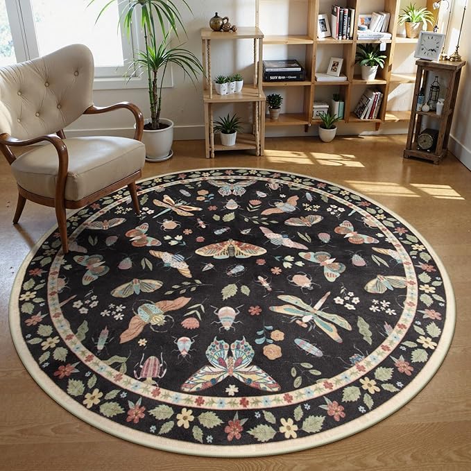 Lahome Insect Washable Round Area Rug, Soft Round Rugs 6ft Ultra-Thin Non-Slip, Boho Large Circle Carpet for Bedroom Living Room Kitchen Nursery, Black