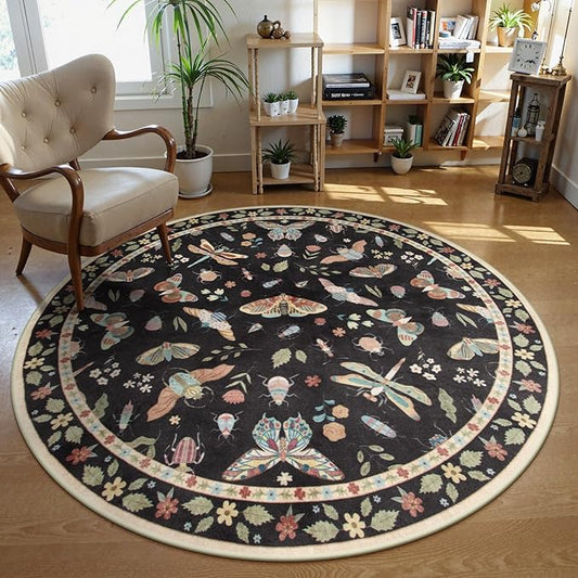 Lahome Insect Washable Round Area Rug, Soft Round Rugs 6ft Ultra-Thin Non-Slip, Boho Large Circle Carpet for Bedroom Living Room Kitchen Nursery, Black