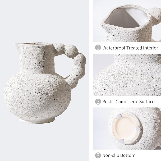 Rustic Farmhouse Flower Large Ceramic Vase, Vintage Pampas Grass Vases, Antique White Decorative Ceramic Flower Vase for Home Decor, Table, Living Room, Entryway, Wedding - Distressed Design, 6.9 Inch