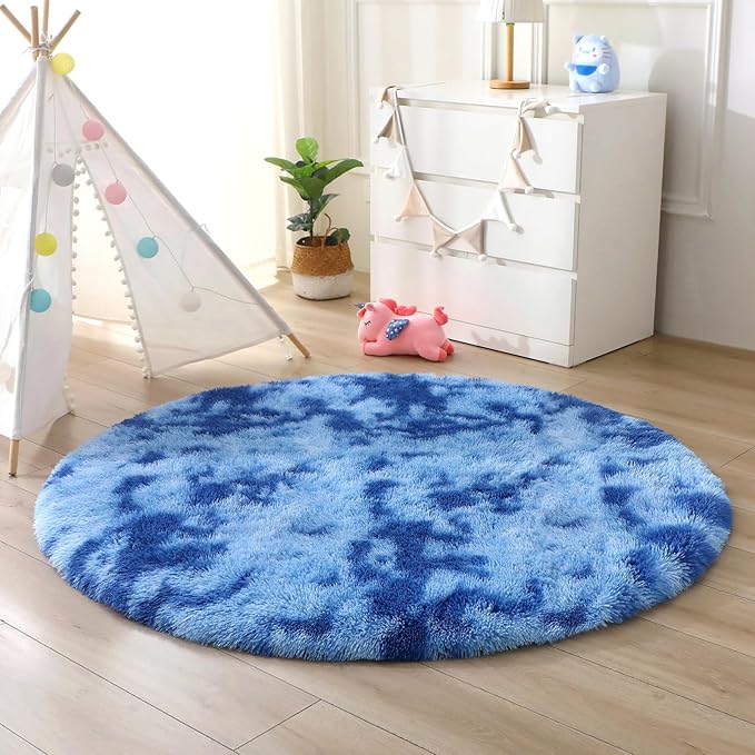 OPPODREAM Round Rugs 3ft for Play Room, Ultra Soft Circle Rug for Bedroom, 3 ft Fluffy Kids Carpet with 0.4" Thick Non-Slip Backing, Long Pile Shag Carpet, Fuzzy, Shaggy, Tie-dye Blue & Light Blue
