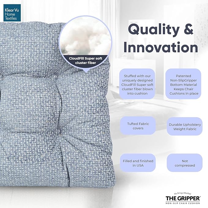 Klear Vu Gripper Overstuffed Universal Non-Slip Dining Chair Cushions for Kitchen Decor or Office Use, U-Shaped Skid-Proof Seat Pad, 15x15 Inches, 2 Count (Pack of 1), Waffle Delft Blue