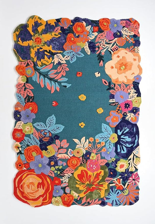 Handmade Irregular Floral Wool Area Rug Vibrant Multicoloured Garden Flower Design Soft Plush Durable Thick Carpet for Living Room Bedroom (Teal, 8 x 10 feet, Feet)