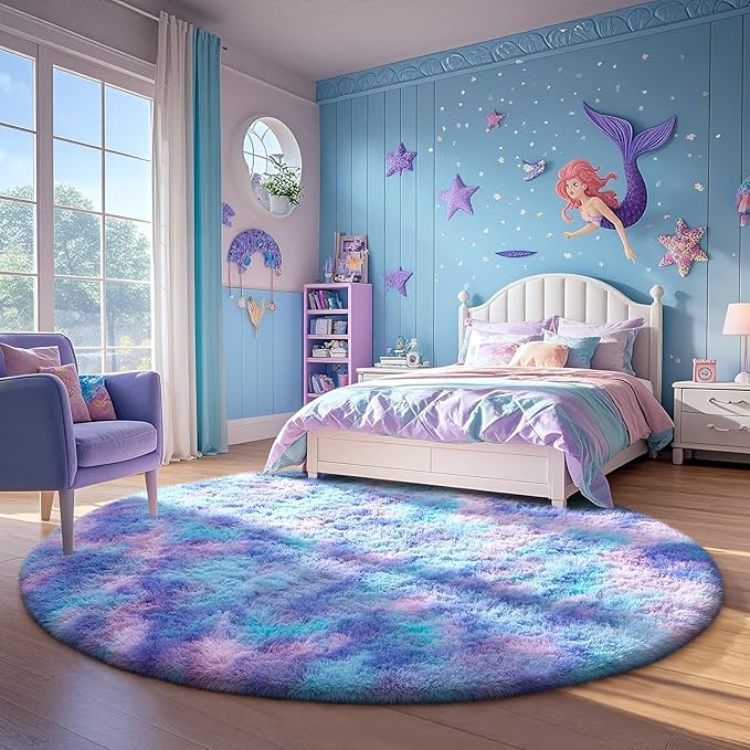 Ophanie Round Rugs 5Ft Tie-Dye Rainbow Purple Area Rug, Aesthetic Room Decor, Fluffy Fuzzy Bedroom Carpet, Plush Soft Shaggy Colorful Living Room Rugs for Kids Home Decor, Nursery
