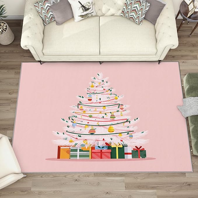 Christmas Tree Area Rug, 6x9 Rug for Bedroom, Girls Pink Christmas Holiday Washable Rugs for Living Room, Non Slip Soft Low Pile Stain Resistant Carpet, Kids Xmas Room Decor