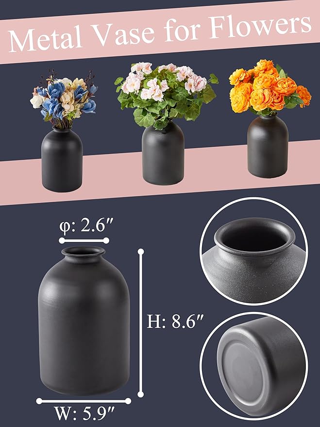 Black Vases for Home Decor Large Black Vase for Table Centerpieces Living Room, Matte Black Metal Vase Wabi Sabi Decor