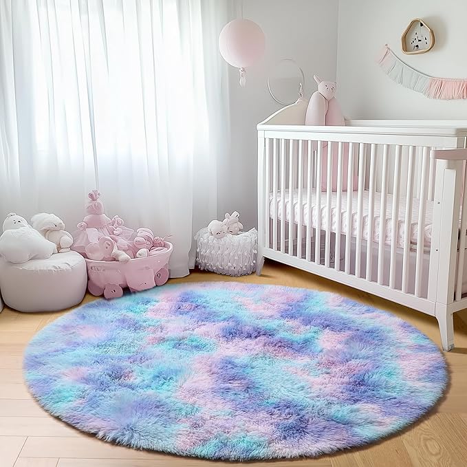 ONASAR Rainbow Round Area Rugs 6ft, Fluffy Soft Bedroom Circle Rug for Kids Girls Boys Teen Room, Plush Shaggy Floor Carpet Mats for Dorm Nursery Living Room Playroom Home Decor Aesthetic