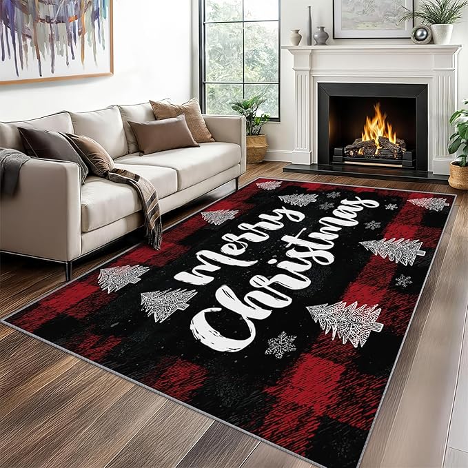 Christmas Area Rug, 3x5 Rug for Entryway Indoor, Xmas Tree Snowflake Holiday Washable Rugs for Living Room Bedroom, Non Slip Soft Low Pile Stain Resistant Carpet, Merry Christmas Room Decor