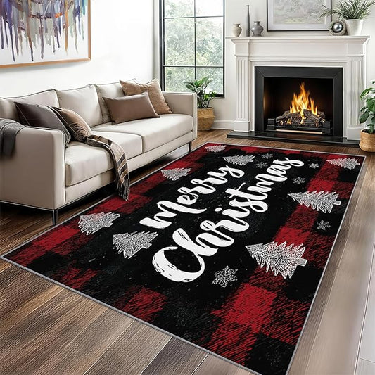 Christmas Area Rug, 5x6 Rug for Bedroom, Xmas Tree Snowflake Holiday Washable Rugs for Living Room, Non Slip Soft Low Pile Stain Resistant Carpet, Merry Christmas Room Decor