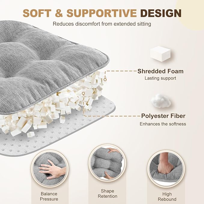 downluxe Indoor Chair Cushions for Dining Chairs, Tufted Overstuffed Textured Memory Foam Kitchen Chair Pads with Ties and Non-Slip Backing, 15.5" x 15.5" x 4", Light Grey, 4 Pack