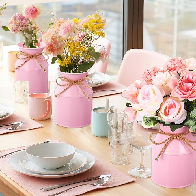 Domensi 5.12 Inch Farmhouse Metal Flower Vase Decor Rustic Galvanized Milk Can Jug Vase with Bow Flower Buckets for Table Centerpiece Fall Halloween Wedding Home Dinging Room Decor(Pink,6 Pcs)