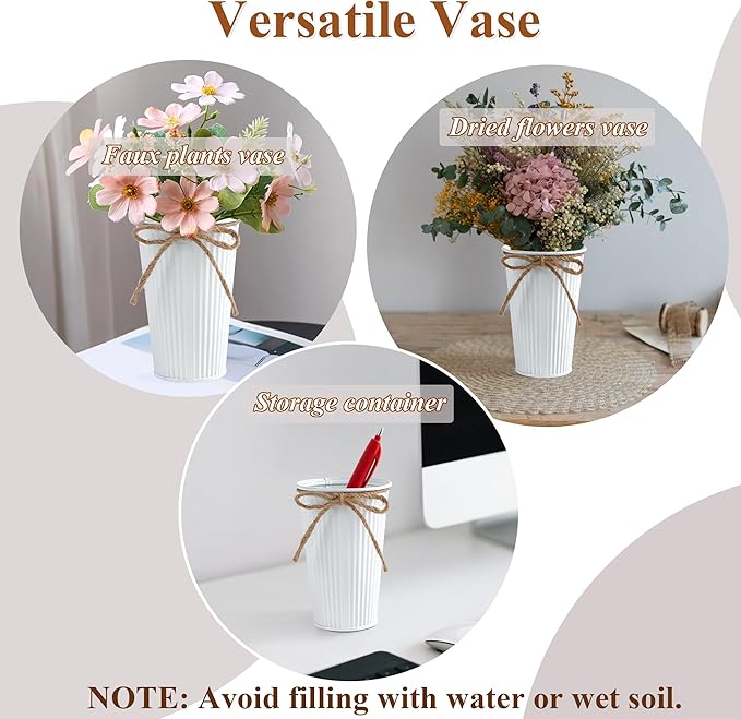 24Pcs Small Galvanized Metal Vases for Centerpieces White Flower Buckets with Twine Bow 4 Inch Artificial Floral Vase in Bulk Rustic Home Decor