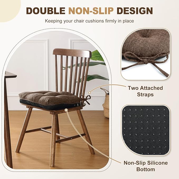 downluxe Indoor Chair Cushions for Dining Chairs, Tufted Overstuffed Textured Foam Kitchen Chair Pads with Ties and Non-Slip Backing, 15.5" x 15.5" x 4", Brown, 4 Pack