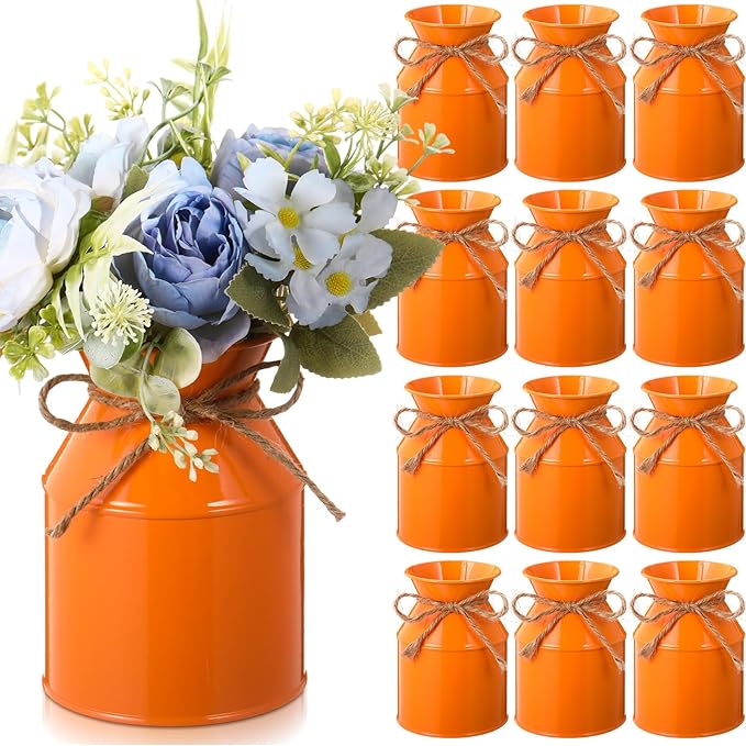 Domensi 5.12 Inch Farmhouse Metal Flower Vase Decor Rustic Galvanized Milk Can Jug Vase with Bow Flower Buckets for Table Centerpiece Fall Halloween Wedding Home Dinging Room Decor(Orange,12 Pcs)