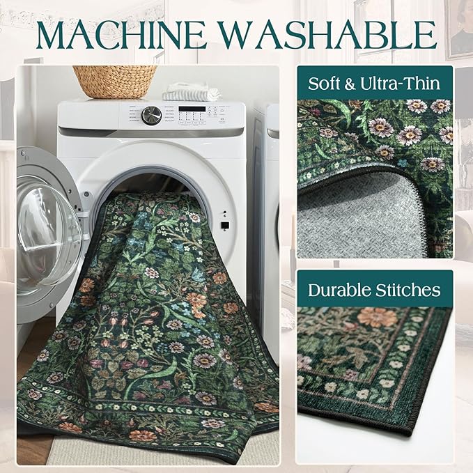 Green Round Rug 4ft - Soft Washable Boho Floral Round Bathroom Rug Non Slip Stain Resistant Vintage Botanical Circle Area Rugs for Living Room Bedroom Entryway Dining Room Office Nursery