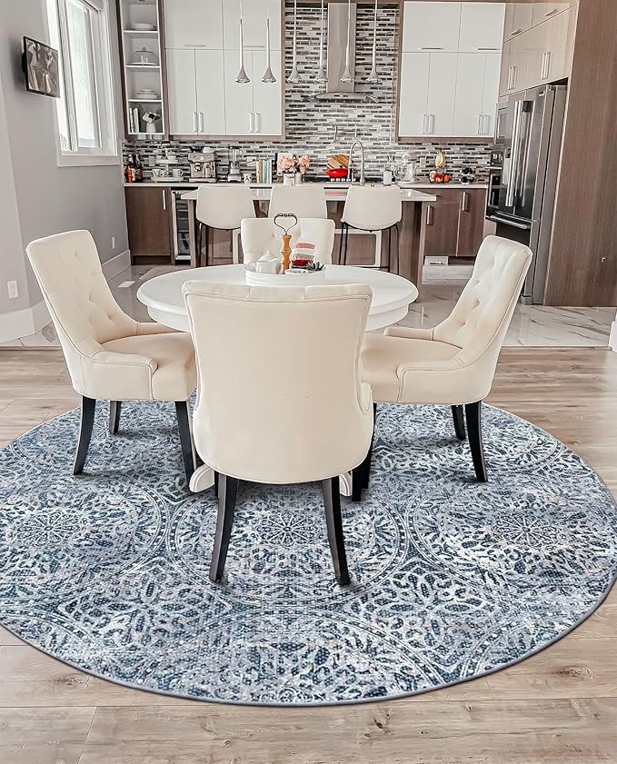 vivorug Round Rug 6ft Vintage-Inspired Round Area Rug Non-Slip Indoor Carpet for Living Room Bedroom Entryway, Stain Resistant Home Decor Circle Rug, Blue Medallion