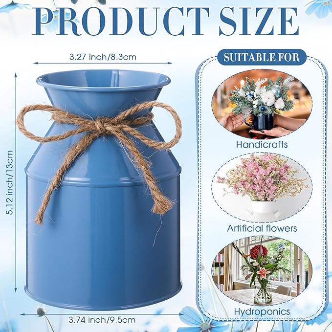 Domensi 5.12 Inch Farmhouse Metal Flower Vase Decor Rustic Galvanized Milk Can Jug Vase with Bow Flower Buckets for Table Centerpiece Fall Halloween Wedding Home Dinging Room Decor(Blue,6 Pcs)