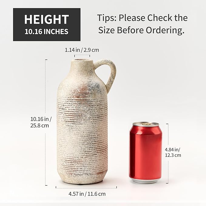 Ceramic Rustic Vase for Home Decor, Terracotta Vase with Handle, Handcrafted Vintage Decorative Flower Vase for Farmhouse, Living Room, Table, Fireplace, Nightstand - Natural Brown