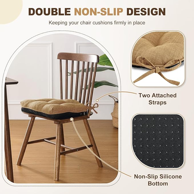 downluxe Indoor Chair Cushions for Dining Chairs, Tufted Overstuffed Textured Foam Kitchen Chair Pads with Ties and Non-Slip Backing, 15.5" x 15.5" x 4", Taupe, 4 Pack