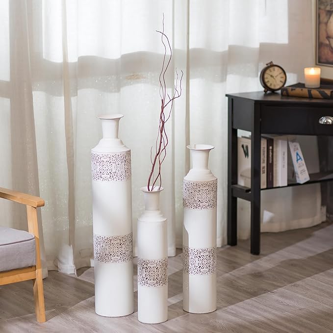 Sziqiqi Floor Vase Tall White Vases - Extra Large Metal Flower Vase Set of 3 Big Vases for Home Decor Living Room Decorative Vintage for Pampas Grass Feathers Twigs Branches Dried Flowers
