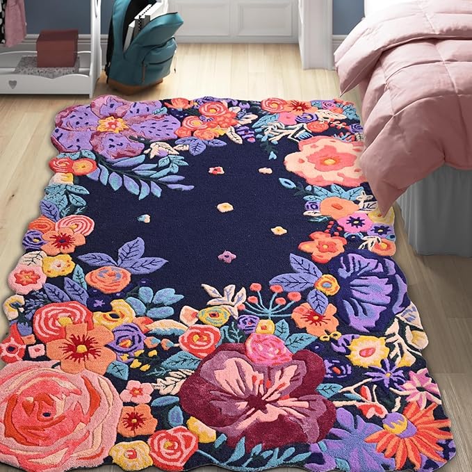 Handmade Irregular Floral Wool Area Rug Vibrant Multicoloured Garden Flower Design Soft Plush Durable Thick Carpet for Living Room Bedroom (Navy, 7 x 10 feet, Feet)