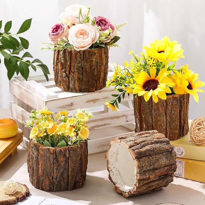 3 Pcs Wooden Vase for Centerpieces Christmas Table Decor Wooden Flower Vase Rustic Bark Stump Buckets Vintage Wood Planter Pots for Xmas Woodland Party Wedding Window Home Farmhouse