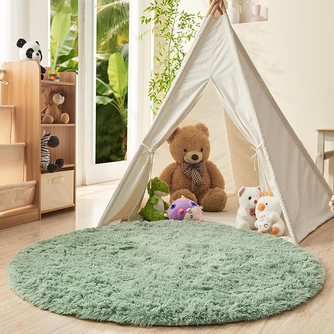OPPODREAM 4ft Sage Green Circle Rug for Bedroom, Ultra-Soft Round Rugs 4-ft for Living Room, Fluffy Carpet for Nursery, Kids, Girl, Boy, Baby, Plush, Fuzzy, Shag, Shaggy, Mint Green Cute Home Decor