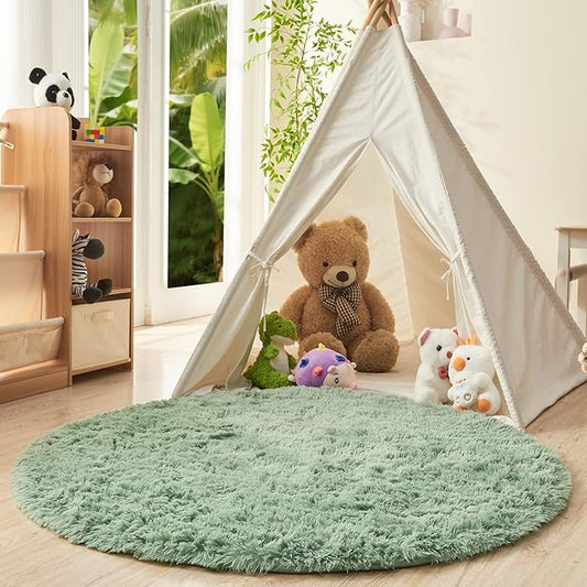 OPPODREAM 4ft Sage Green Circle Rug for Bedroom, Ultra-Soft Round Rugs 4-ft for Living Room, Fluffy Carpet for Nursery, Kids, Girl, Boy, Baby, Plush, Fuzzy, Shag, Shaggy, Mint Green Cute Home Decor