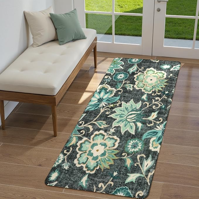 Lahome Floral Washable Rugs Runners - 2x4 Area Rug Low-Pile Non-Slip Rugs for Entryway Runner Small Throw Soft Bathroom Rug Runner Bedside Rug, Boho Blue Paisley Carpet Runners for Hallway Kitchen