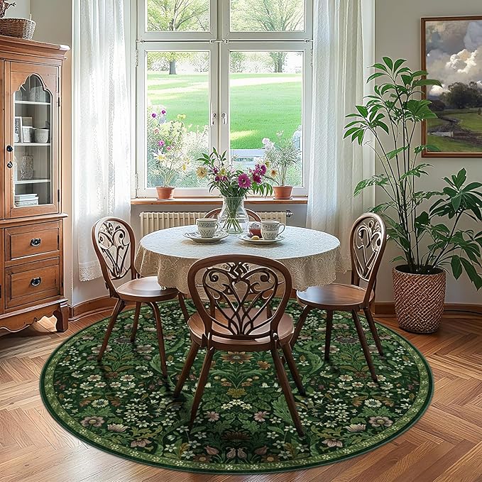 Round Rug 6ft Dark Green Washable Floral Circle Rug,Vintage Boho Botanical Round Area Rugs, Non-Slip Soft Low-Pile Circular Carpet for Bedroom,Kids Room,College Dorm,Home Decor
