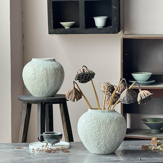 Denique Rustic Ceramic Tall Floor Vase, Vintage Farmhouse Decor - Large Terracotta Vases for Living Room Entryway Centerpiece (White-7.87inch Height)