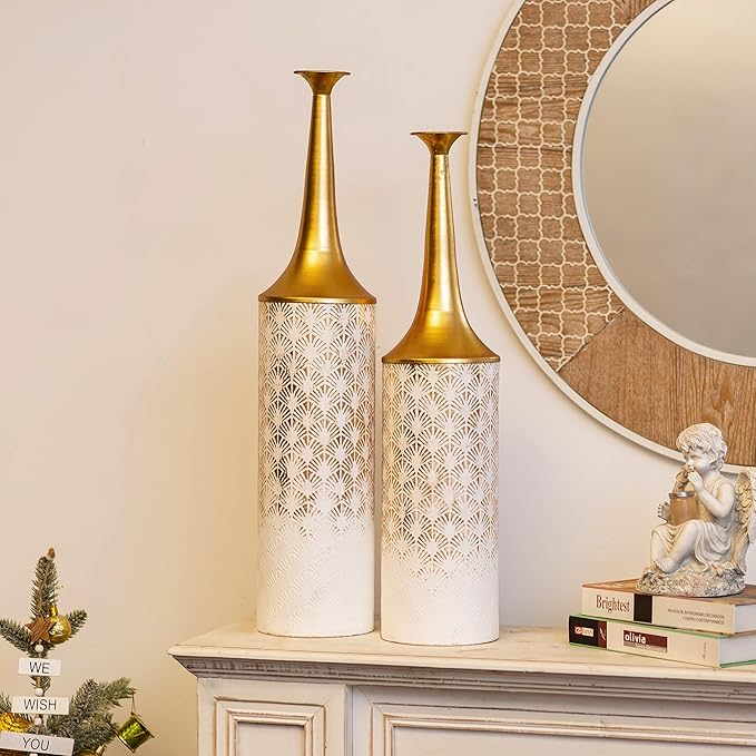 Sziqiqi White Floor Vases Tall Decoration - 23.4/26in Set of 2 Contemporary Floor Vase for Decor Living Room Rustic Flowers Vases Metal Plant Vase Home Farmhouse Vases for Pampas Grass Branches