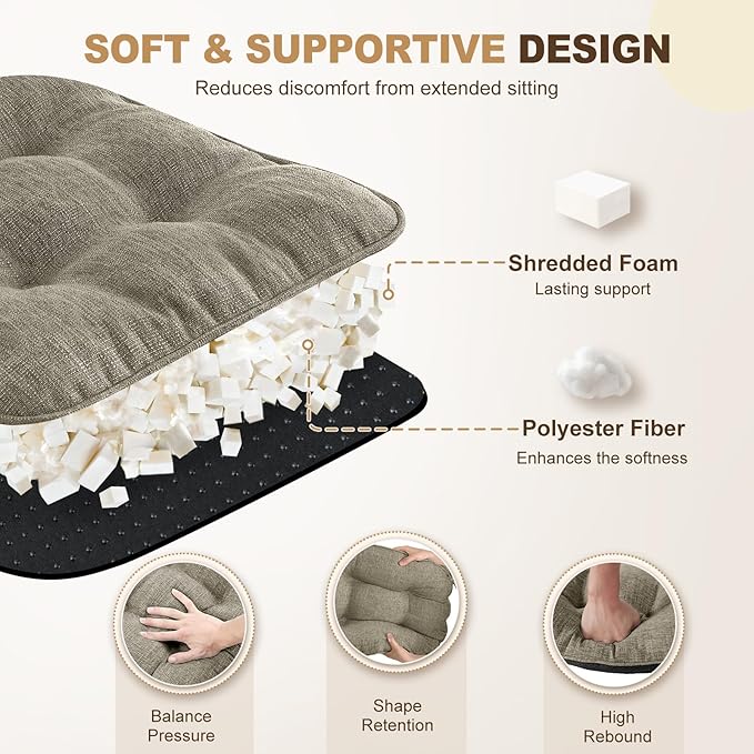 downluxe Indoor Chair Cushions for Dining Chairs, Tufted Overstuffed Textured Memory Foam Kitchen Chair Pads with Ties and Non-Slip Backing, 15.5" x 15.5" x 4", Khaki, 4 Pack