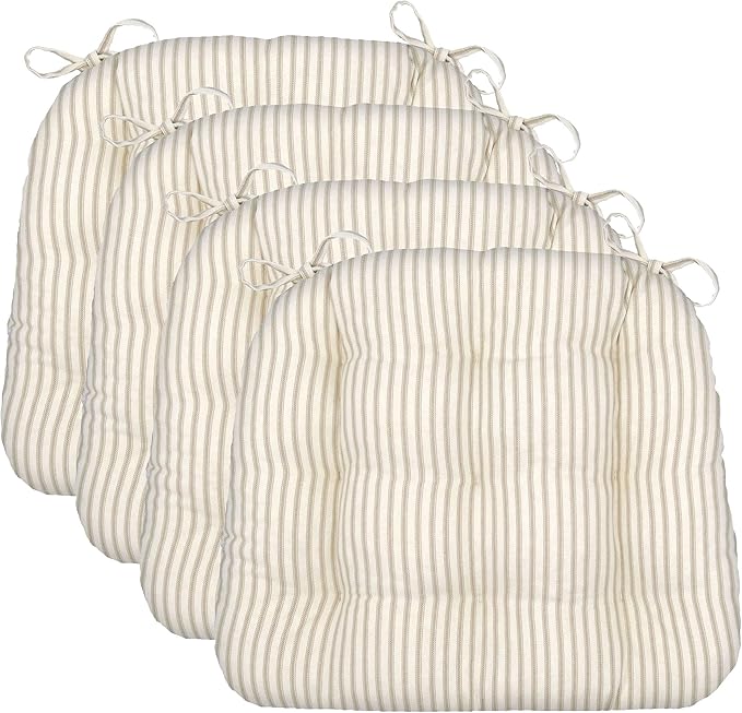 Barnett Home Decor Chair Cushions for Dining Chairs - 15x17 Kitchen Chair Cushions - Machine Washable, 100% Cotton, Made in USA - Latex Foam Comfort Chair Pads - Ticking Stripe Natural Small Pack of 4