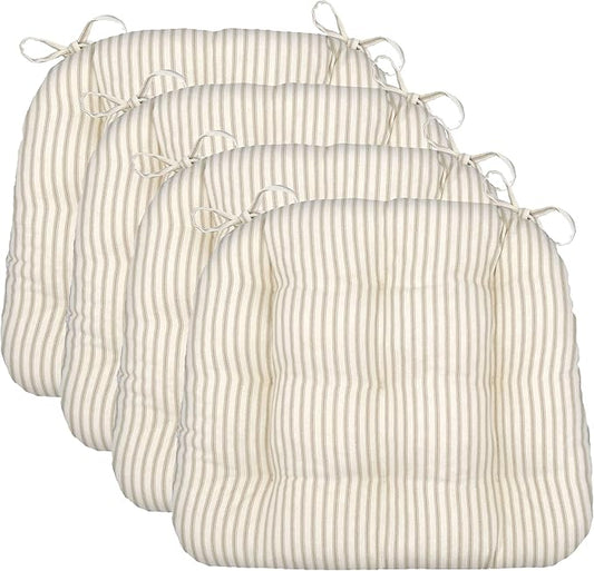 Barnett Home Decor Chair Cushions for Dining Chairs - 15x17 Kitchen Chair Cushions - Machine Washable, 100% Cotton, Made in USA - Latex Foam Comfort Chair Pads - Ticking Stripe Natural Small Pack of 4