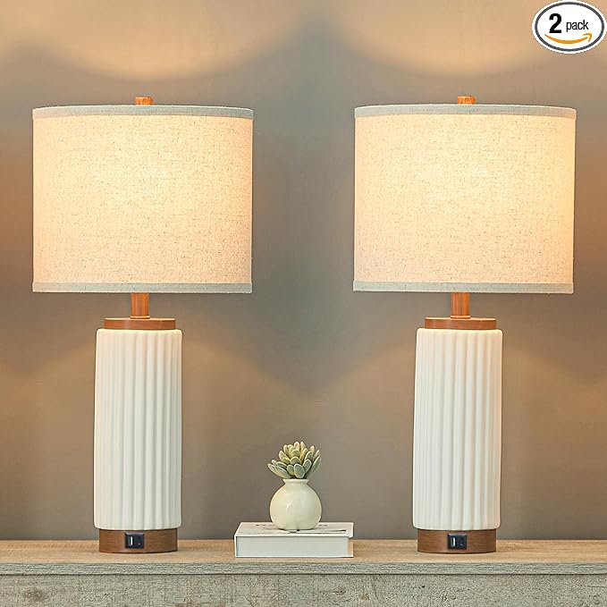 White Ceramic Table Lamps Set of 2, 25 Inch Modern Farmhouse Lamp with Oatmeal Shade for Living Room, Bedroom & Nightstand, 3-Way Dimmable White Desk Lamps