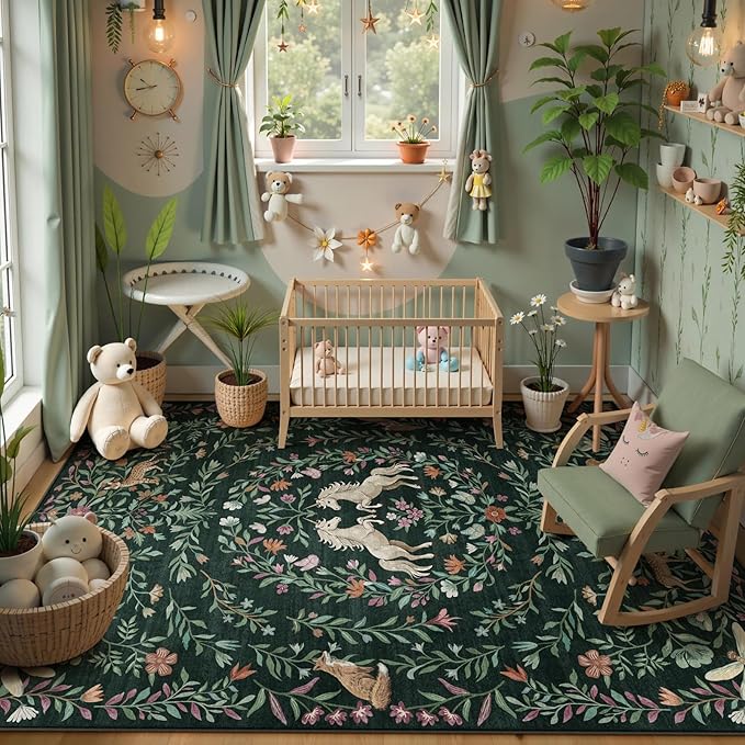 STARUIA 8x10 Area Rugs for Living Room, Unicorn Floral Non-Slip Washable Rugs, Farmhouse Moroccan Vintage Animal Large Girls Area Rug for Bedroom, Carpet for Dining Room Nurseries(Forest Green8'x10')