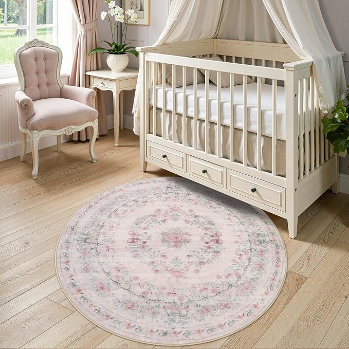 Wonnitar Bow Print Washable 4ft Round Rug, Pink Circle Rug for Girl Nursery Decor, Non Slip Ultra-Thin Soft Boho Floral Small Cute Circular Carpet for Kids Bedroom Baby Room, Light Pink