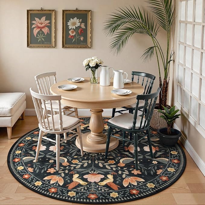 Moynesa Floral Bird Round Rug 6ft Washable Circle Rug Non Slip,Modern Transitional Black Area Rugs for Bedroom Reading Coner,Farmhouse Living Dining Room Aesthetic Carpet Folk Art Home Decor