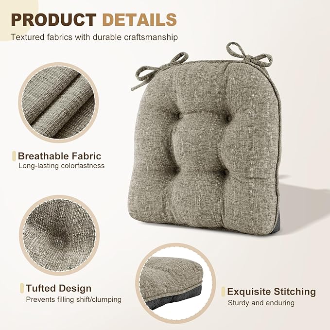 downluxe Indoor Chair Cushions for Dining Chairs, Tufted Overstuffed Textured Foam Kitchen Chair Pads with Ties and Non-Slip Backing, 15.5" x 15.5" x 4", Khaki, 6 Pack